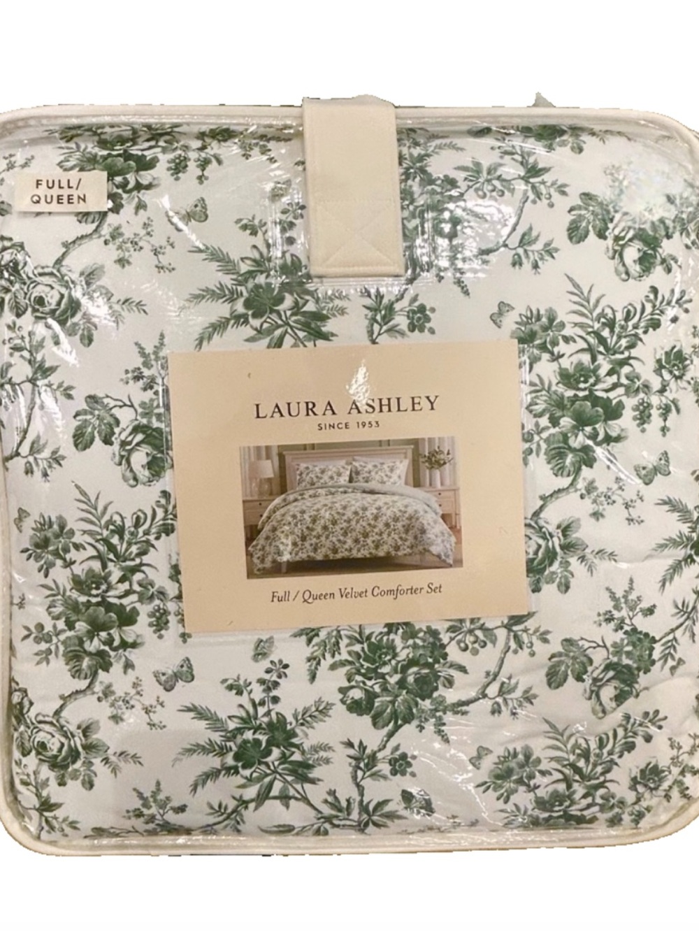 Laura Ashley Greeen and White Floral Full/Queen Velvet Comforter Set 90”x90”
